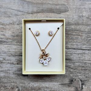 Vintage Floral Porcelain Jewelry Set Necklace Earrings Gold Tone Pink Roses